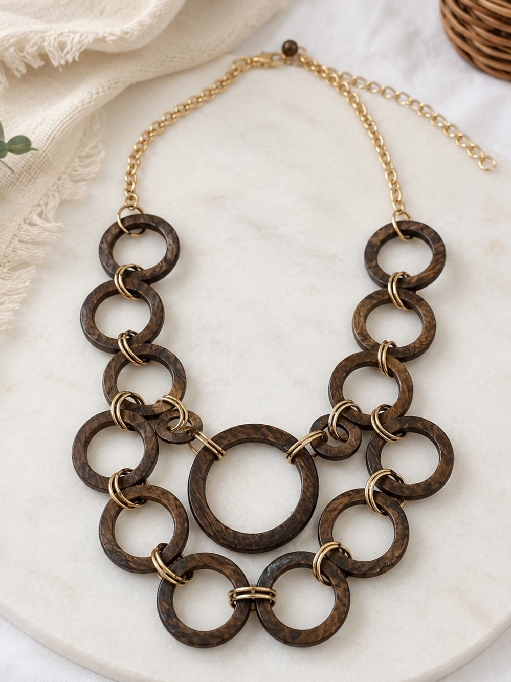 Wood Statement Necklace Gold Tone Chain Boho Brown